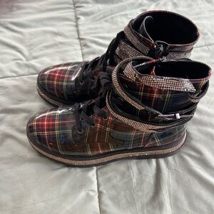 Plaid High-Top Sneakers with Rhinestone Straps